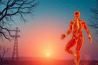 A melegfront hatásait bemutató emberi test ábra naplementében.