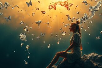 Egy nő ül a köveken, víz és pillangók veszik körül, a vitalitás szimbóluma.