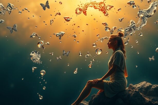 Egy nő ül a köveken, víz és pillangók veszik körül, a vitalitás szimbóluma.