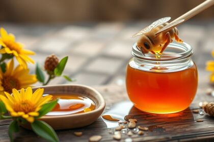 Üveg mézgyümölcs és virágok, a természetes gyógyír bemutatása.