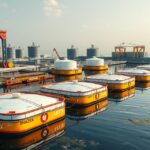 Úszófödeles tartályok a víz felszínén, folyadék tárolására