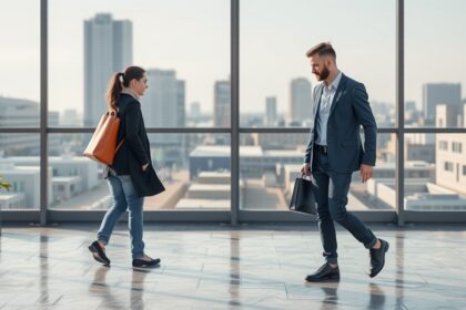 Két üzletember találkozása egy modern irodai környezetben