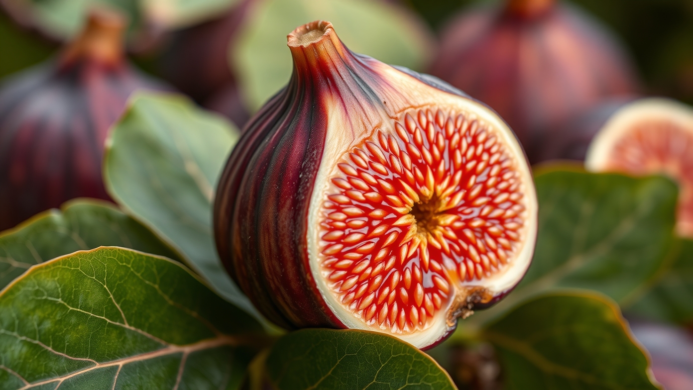 Friss füge szeletek egészséges levelekkel, gazdag tápanyagokban.