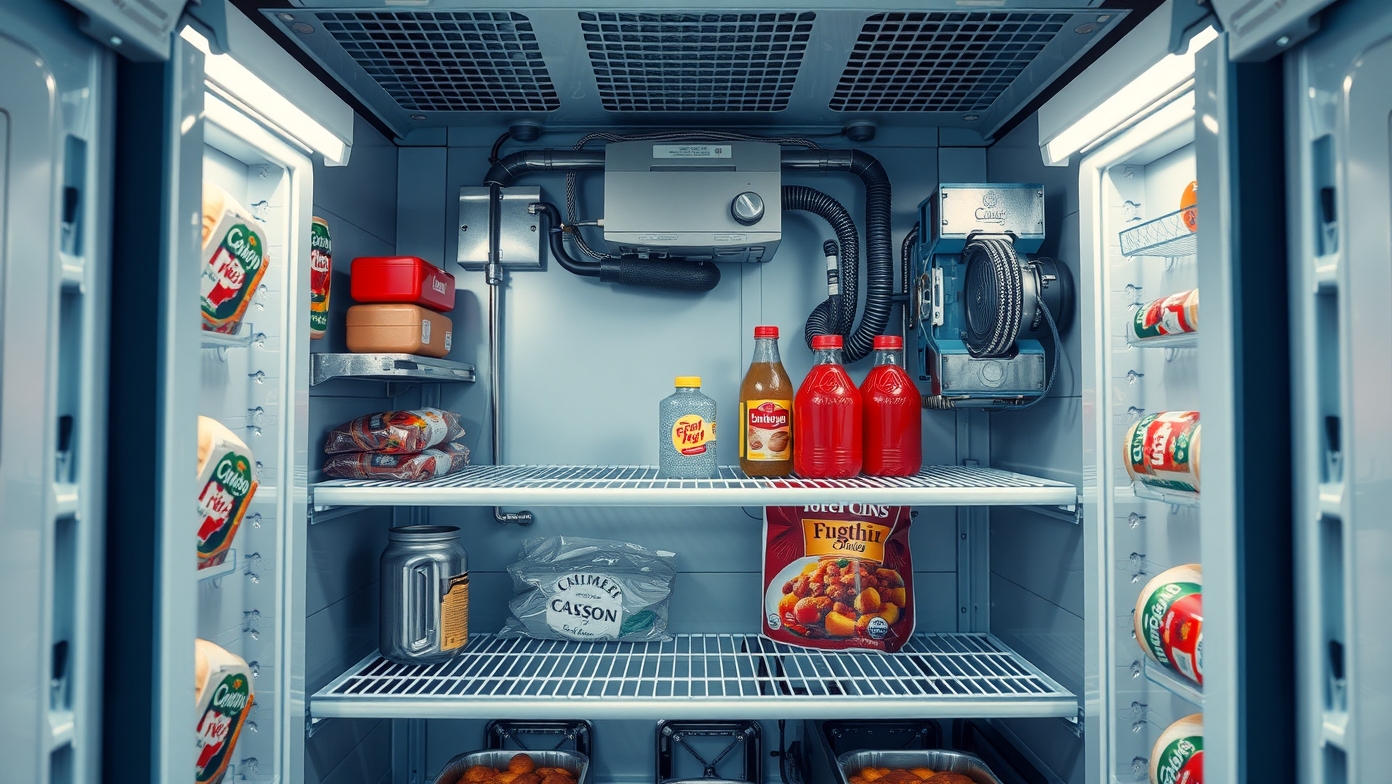 Gázhűtő belső nézet italokkal és ételekkel a polcokon