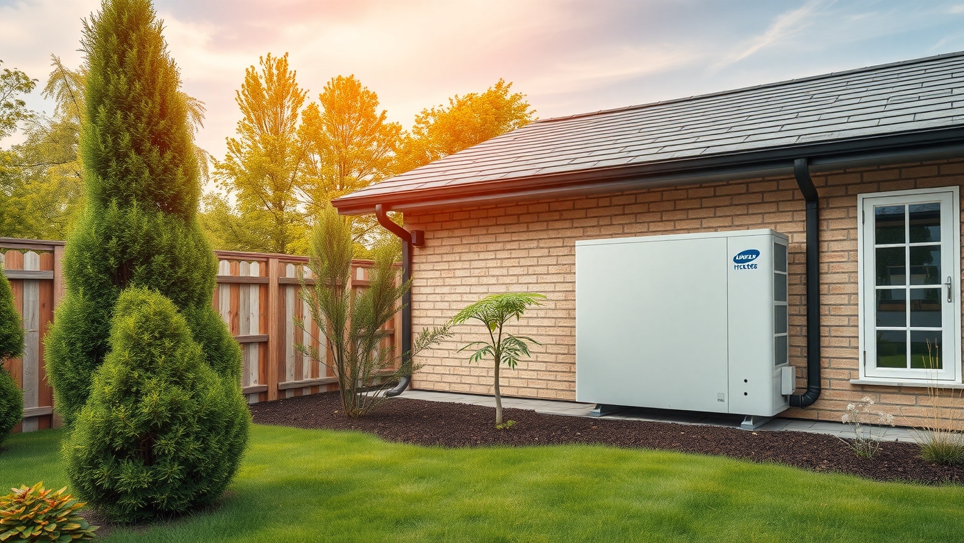 Geotermikus hőszivattyú egy ház mellett, környezetbarát fűtési megoldás.