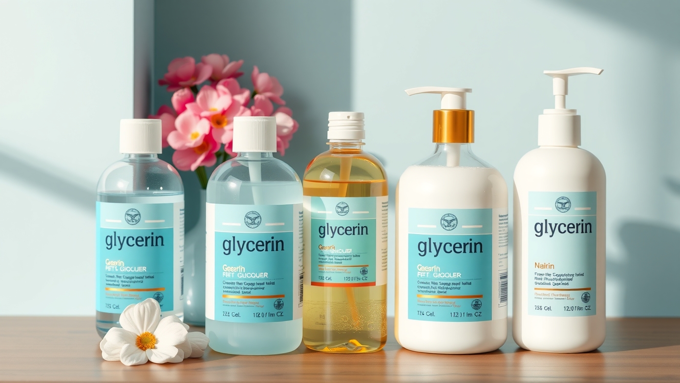 Különböző glicerin alapú hidratáló termékek asztalon virágokkal
