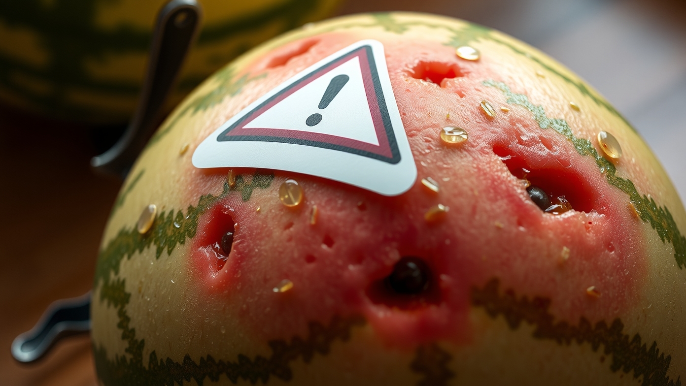 Görögdinnye figyelmeztető jelzéssel, hidratáló és egészségi kockázatokkal.