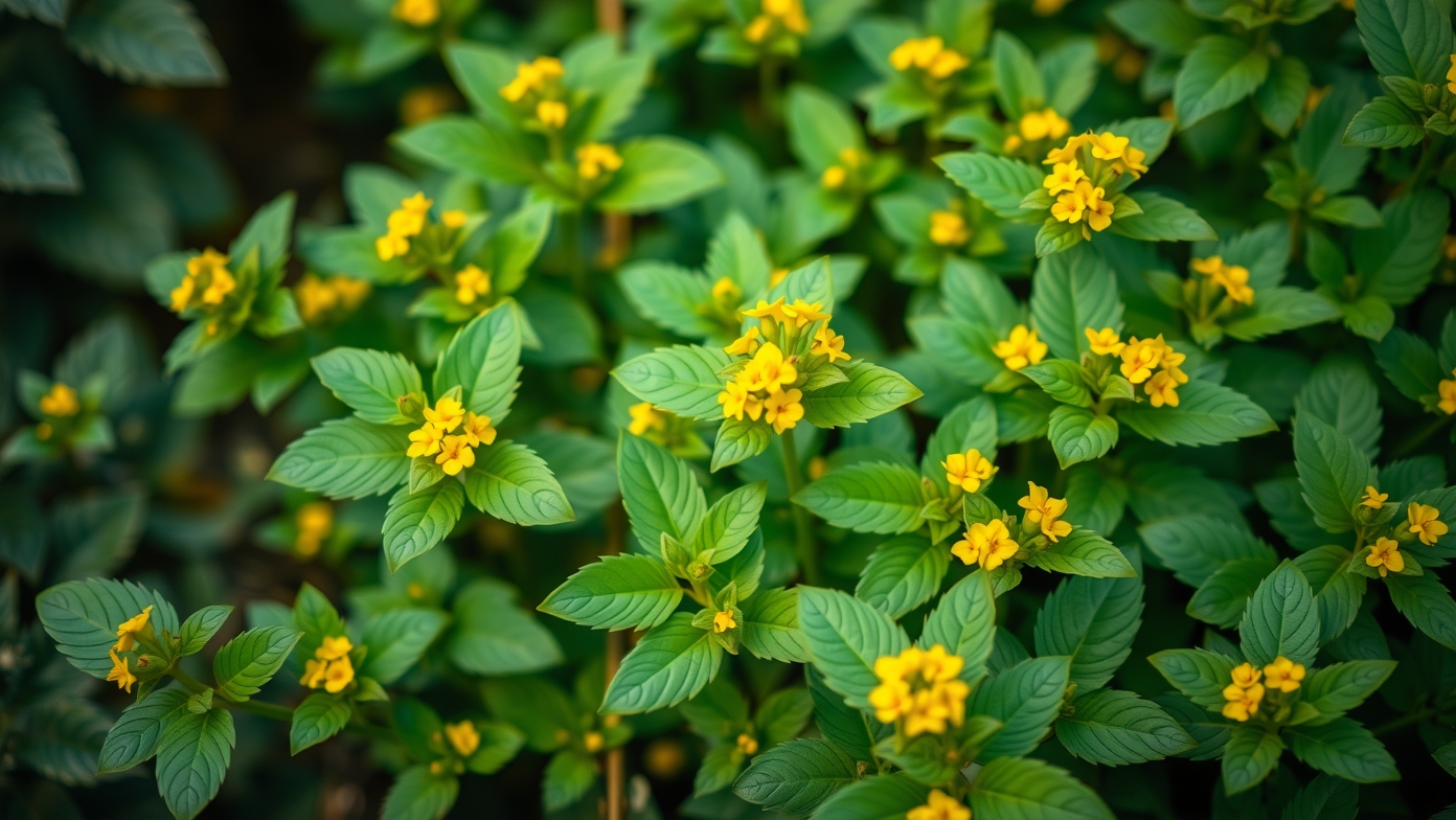 Görögszéna növény virágokkal és zöld levelekkel