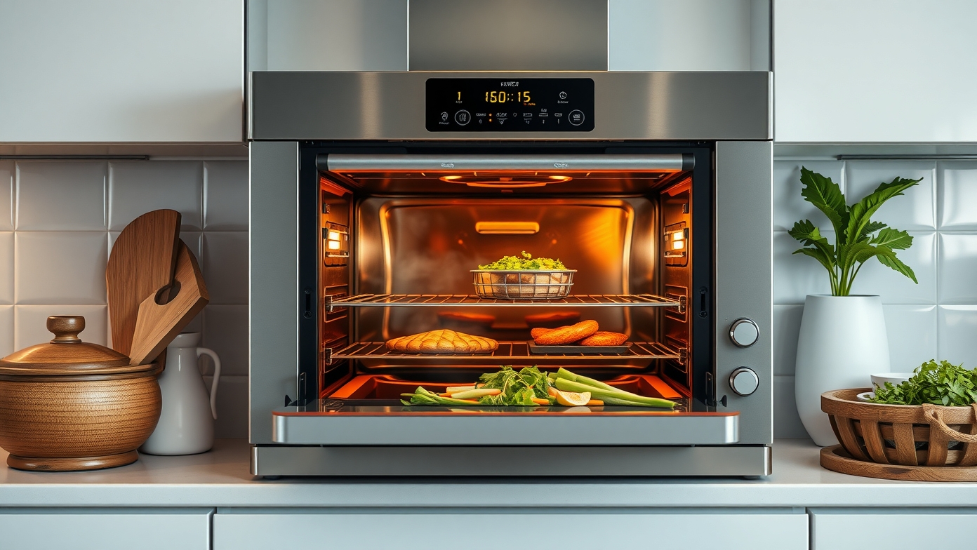 Modern gőzsütő friss zöldségekkel és ínycsiklandó ételekkel