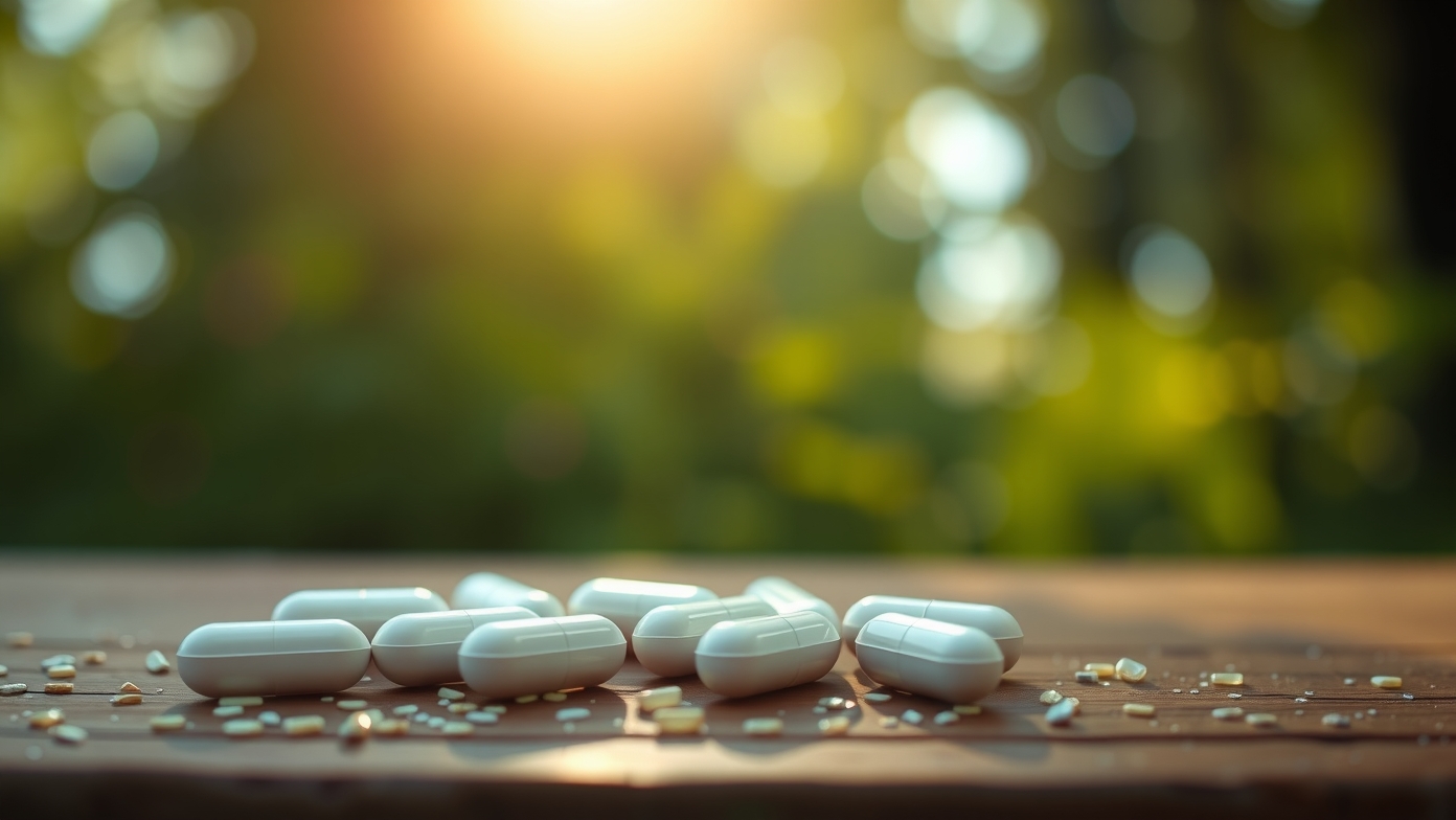 Grandaxin kapszulák egy faasztalon, napfényes háttér előtt.