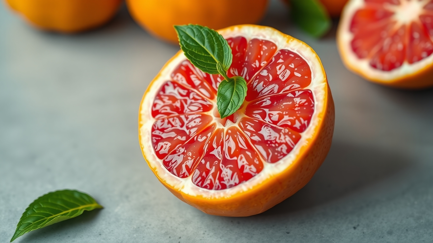 Friss grapefruit szelet, zöld levéllel díszítve az asztalon.