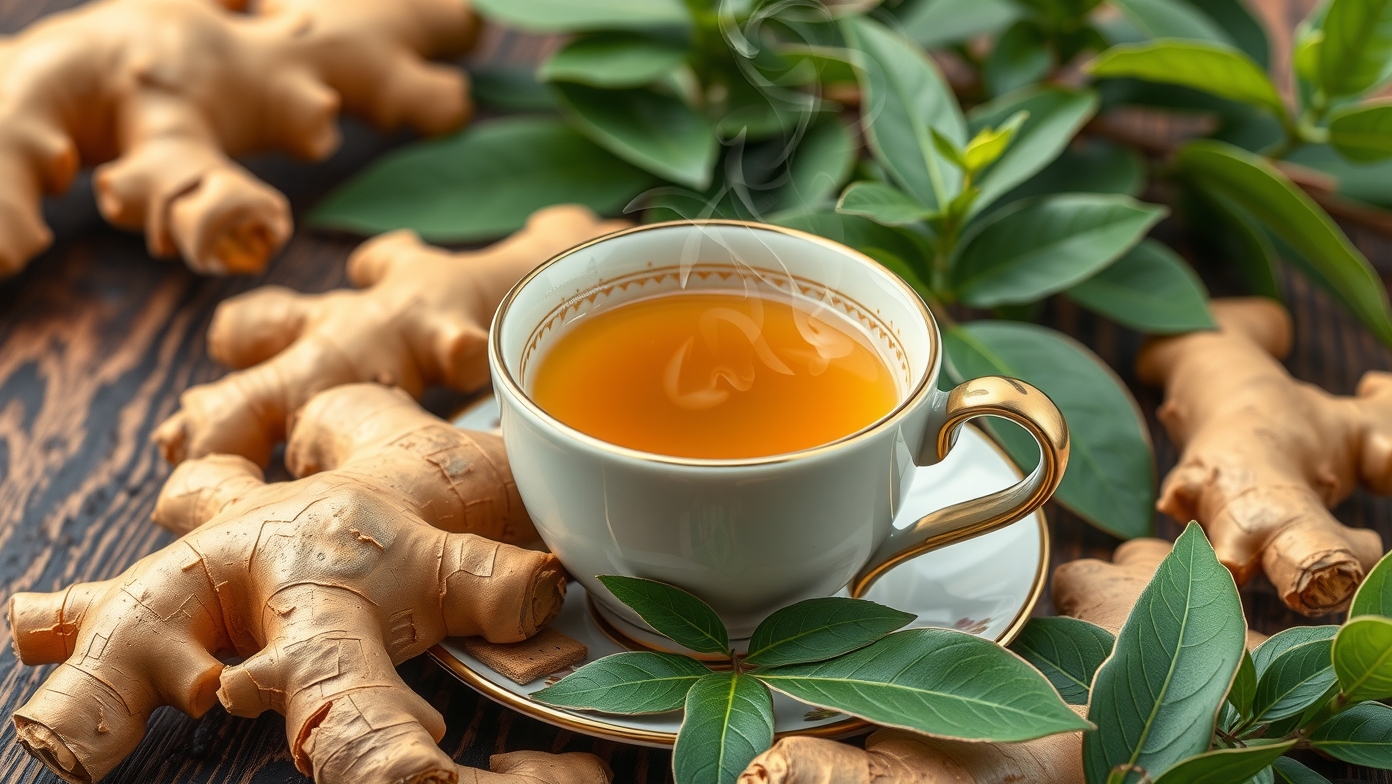 Friss gyömbértea csészében, gyömbérgyökerekkel és levelekkel díszítve.