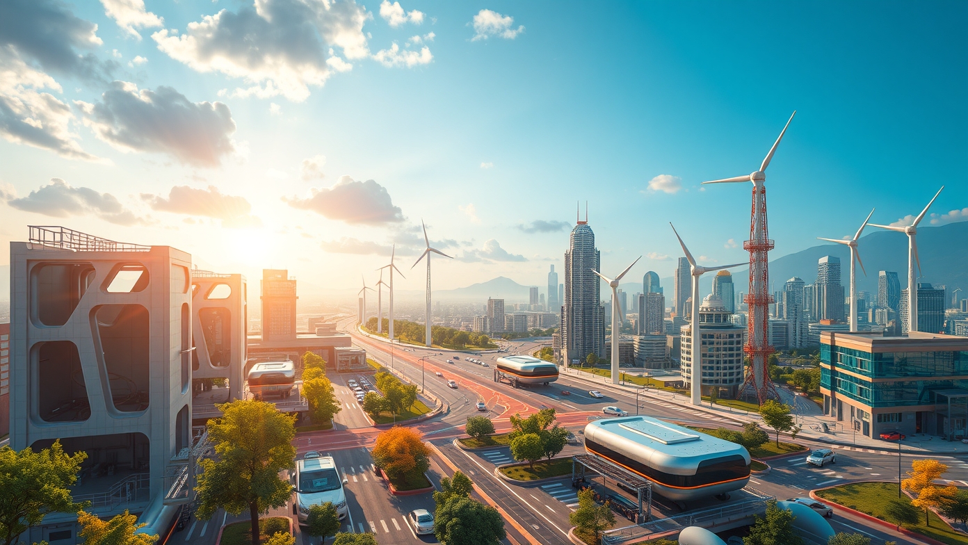 Modern városi táj hidrogéncella és megújuló energiaforrásokkal.