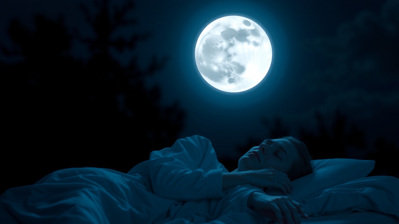 Nő alszik a telihold alatt, mely hatással van az alvásra.