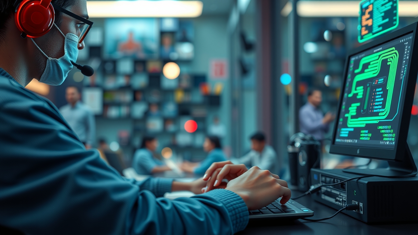 Digitális korszakban dolgozó fiatal, számítógép előtt headsettel.