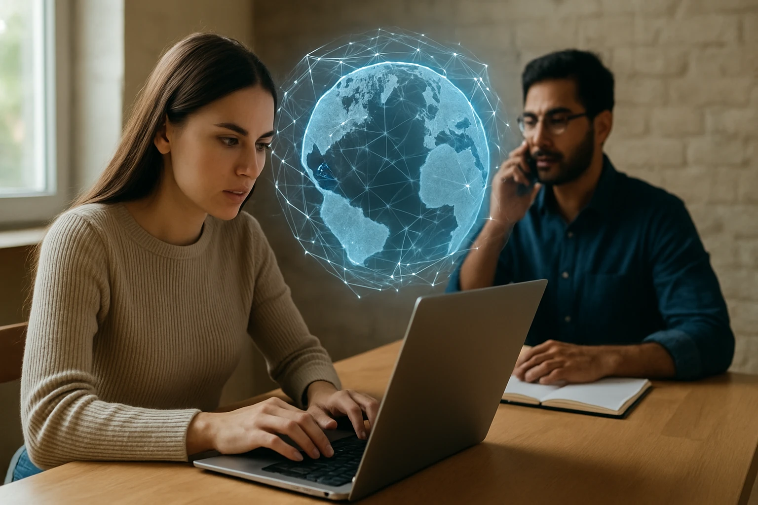 Két ember az internet működéséről beszél egy laptop mellett.