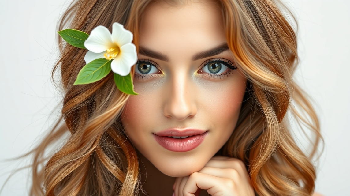 Fiatal nő, virággal a hajában, bőrápolás témakörben.