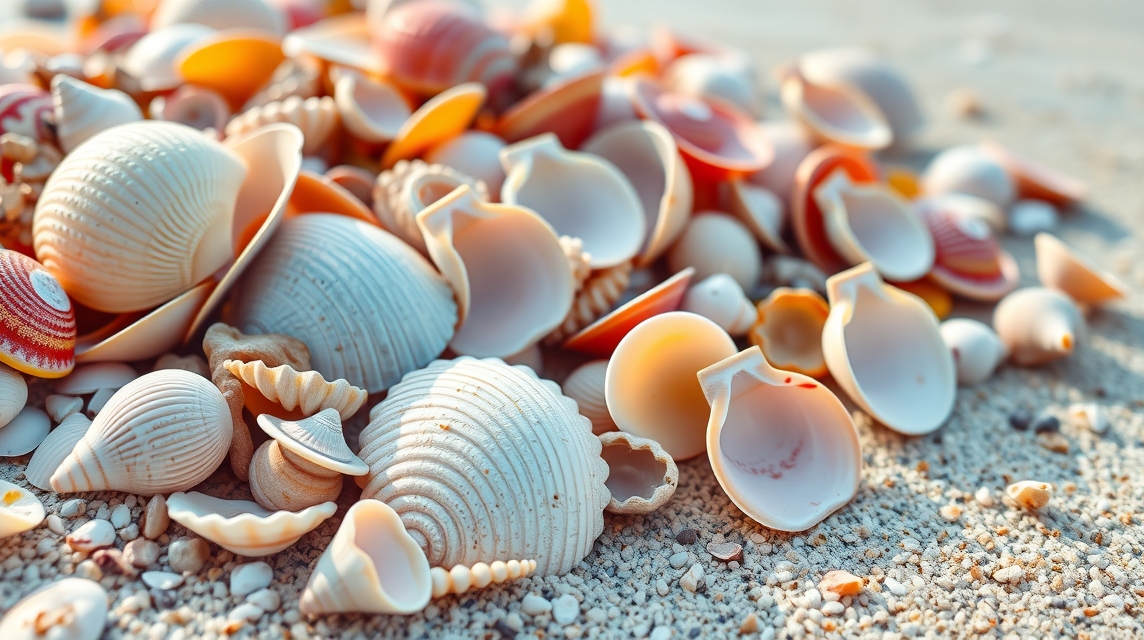 Különféle kagylók egy tengerparti homokos felszínen