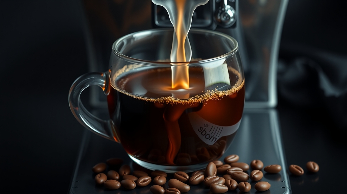 Frissen főzött kávé egy átlátszó pohárban, kávészemekkel az előtérben.