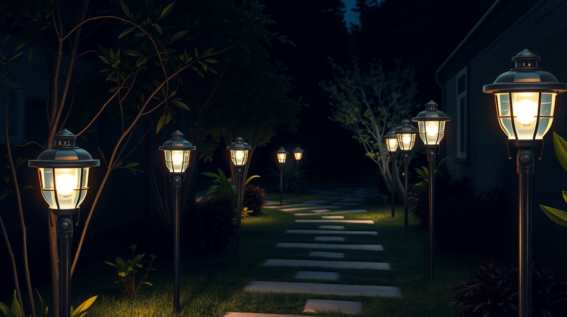 Kerti szolárlámpák világítanak egy sétányon éjszaka