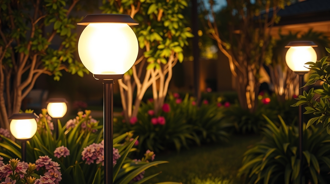 Kerti szolárlámpák virágokkal körülvéve esti fényben