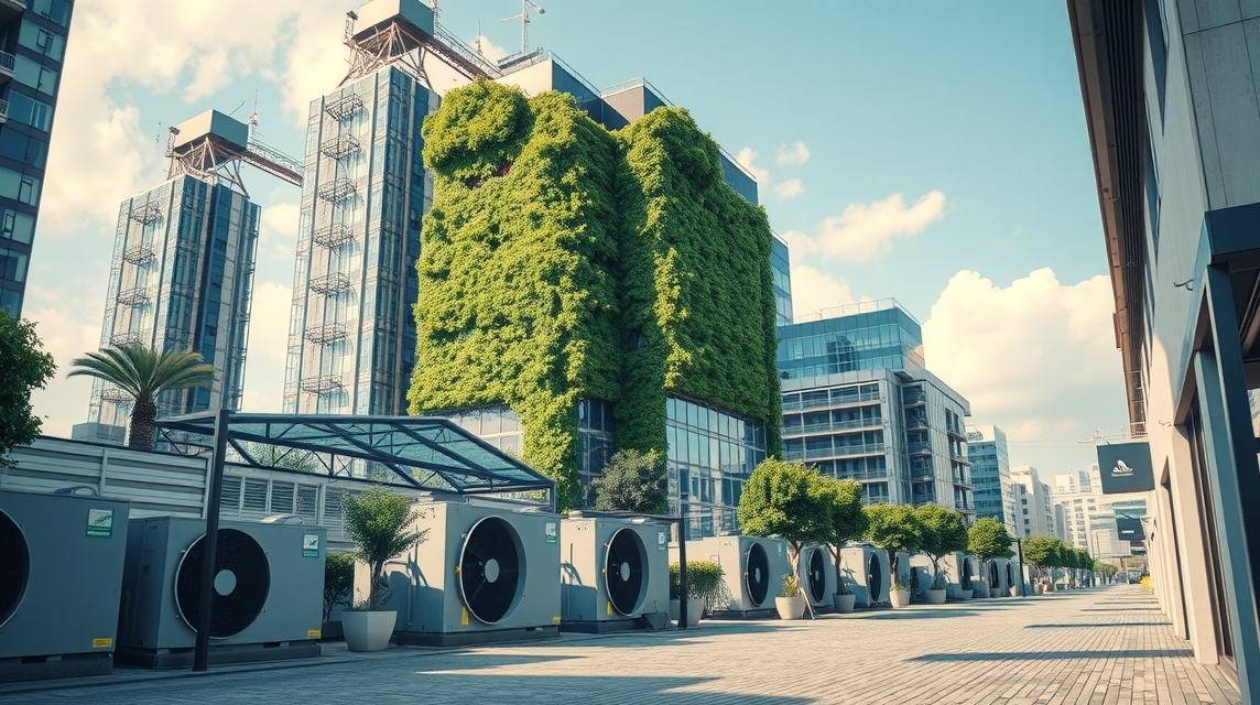 Modern klímatechnikai berendezések zöld falú épület előtt