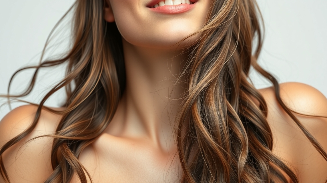 Fiatal nő, gyönyörű hullámos hajjal és egészséges bőrrel.