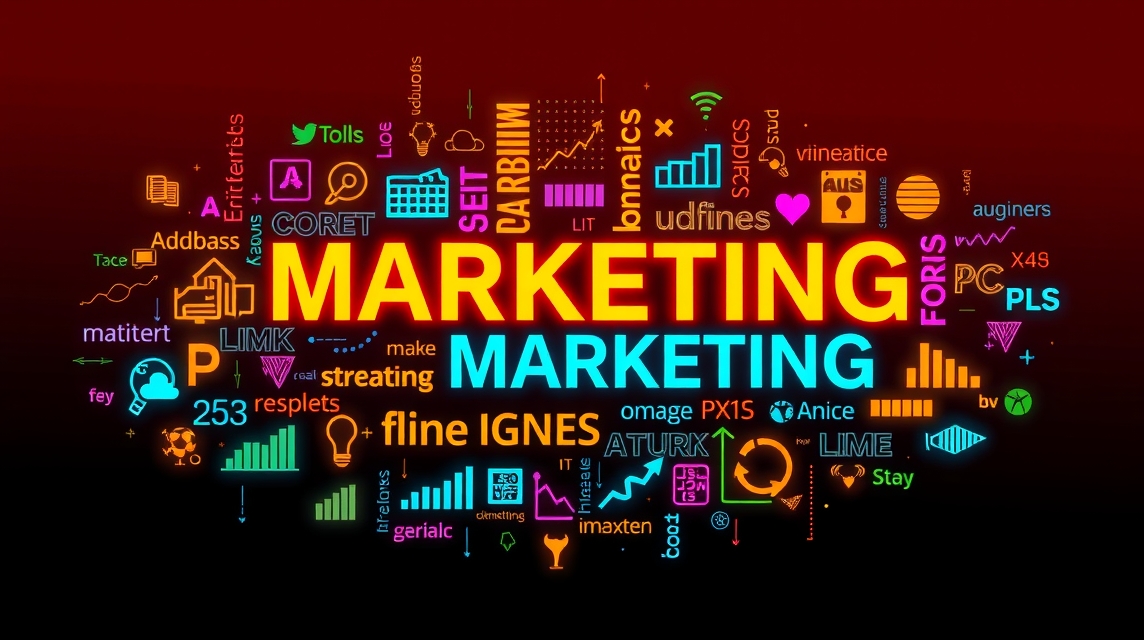 Színes kulcsszófelhő marketing szavakkal és grafikai elemekkel.