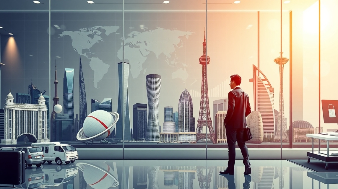 Férfi a nemzetközi városkép előtt, karrier lehetőségek kutatása.