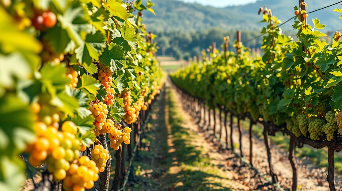 Sárga szőlőfürtök a napfényben, kötött szőlősorok között.
