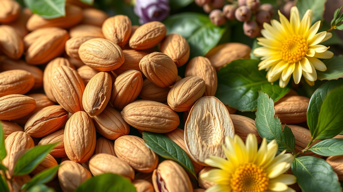 Mandula magvak friss növények között, gazdag tápanyagforrás.