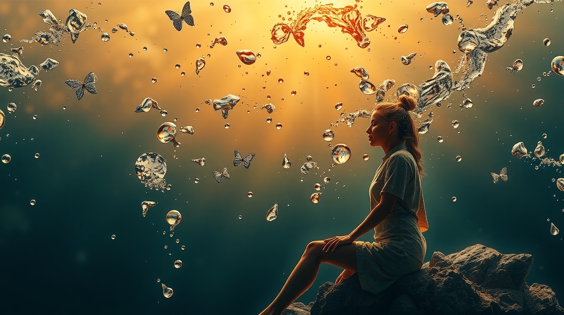 Egy nő ül a köveken, víz és pillangók veszik körül, a vitalitás szimbóluma.