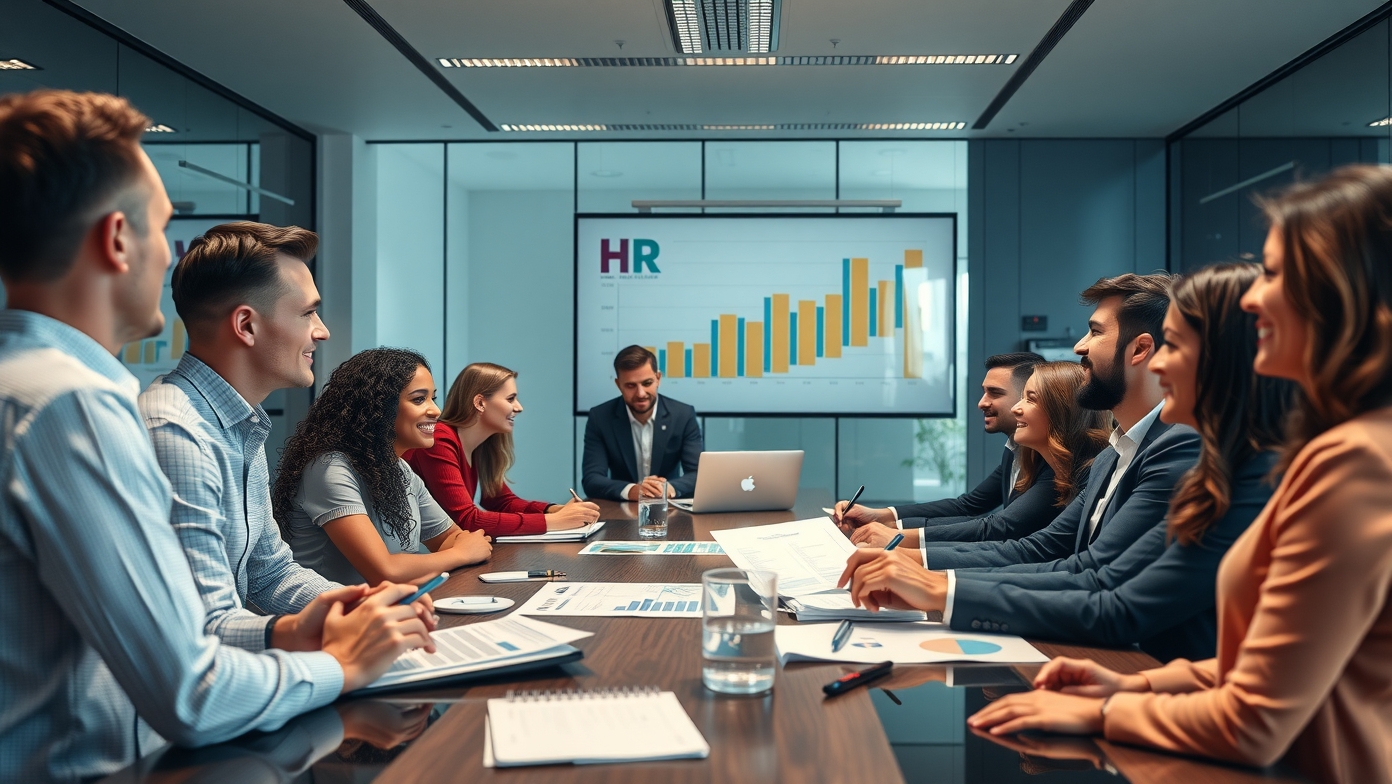 HR csapat stratégiai megbeszélésen, diagramm a háttérben