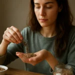 Nő apró magvak mérésével, egészséges táplálkozás és tápanyagok