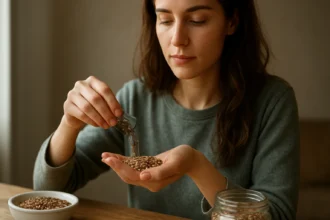 Nő apró magvak mérésével, egészséges táplálkozás és tápanyagok