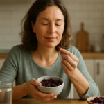 Nő aszalt áfonyát eszik a konyhában, egészséges csemege.