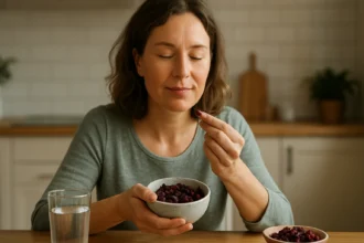 Nő aszalt áfonyát eszik a konyhában, egészséges csemege.
