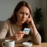 Nő aszpartám csomagolást olvas, aggódik az egészségért