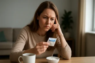 Nő aszpartám csomagolást olvas, aggódik az egészségért