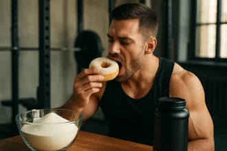 Férfi édességet eszik edzés közben egy tápláló környezetben.