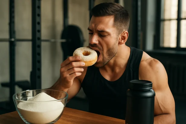 Férfi édességet eszik edzés közben egy tápláló környezetben.