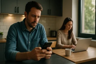 Modern ember használ elektromosságot okostelefonon otthon