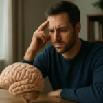 Férfi gondolkodik egy agy szobrászatról az asztalon.