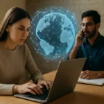 Két ember az internet működéséről beszél egy laptop mellett.