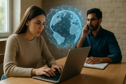 Két ember az internet működéséről beszél egy laptop mellett.