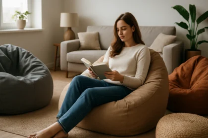 Babzsákfotelben ülő nő könyvet olvas egy modern nappaliban.