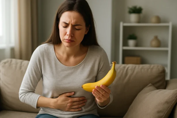 Nő hasi fájdalmakkal, banánt tart a kezében.