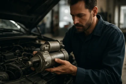 Autószerelő a Bendix indítómotor vizsgálatánál