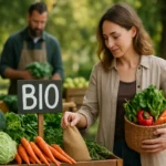 Nő bio zöldségekkel a piacon, bio termékek vásárlása.