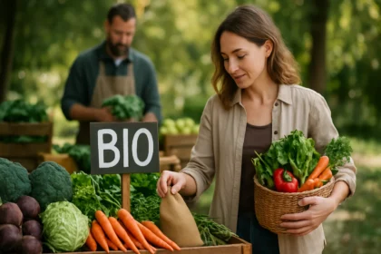 Nő bio zöldségekkel a piacon, bio termékek vásárlása.